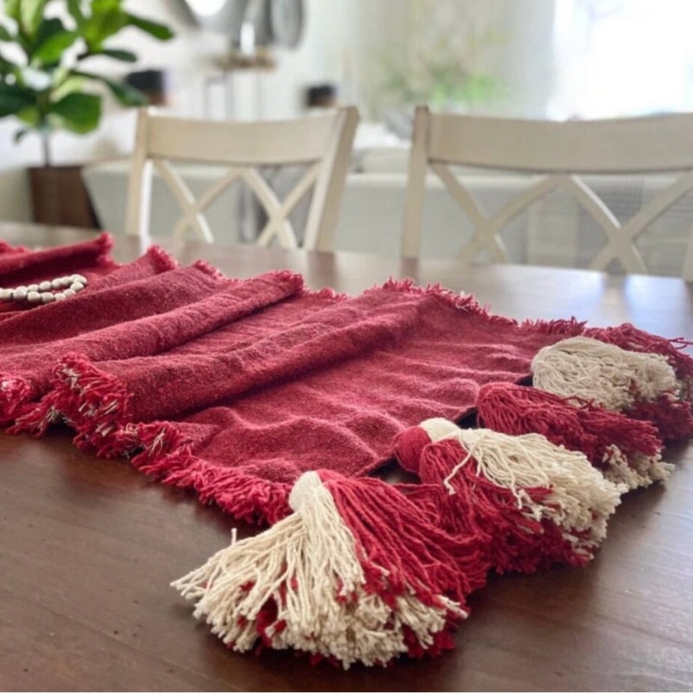 Mud Pie solid red ponchaa table runner 18x90” with tassels NWT